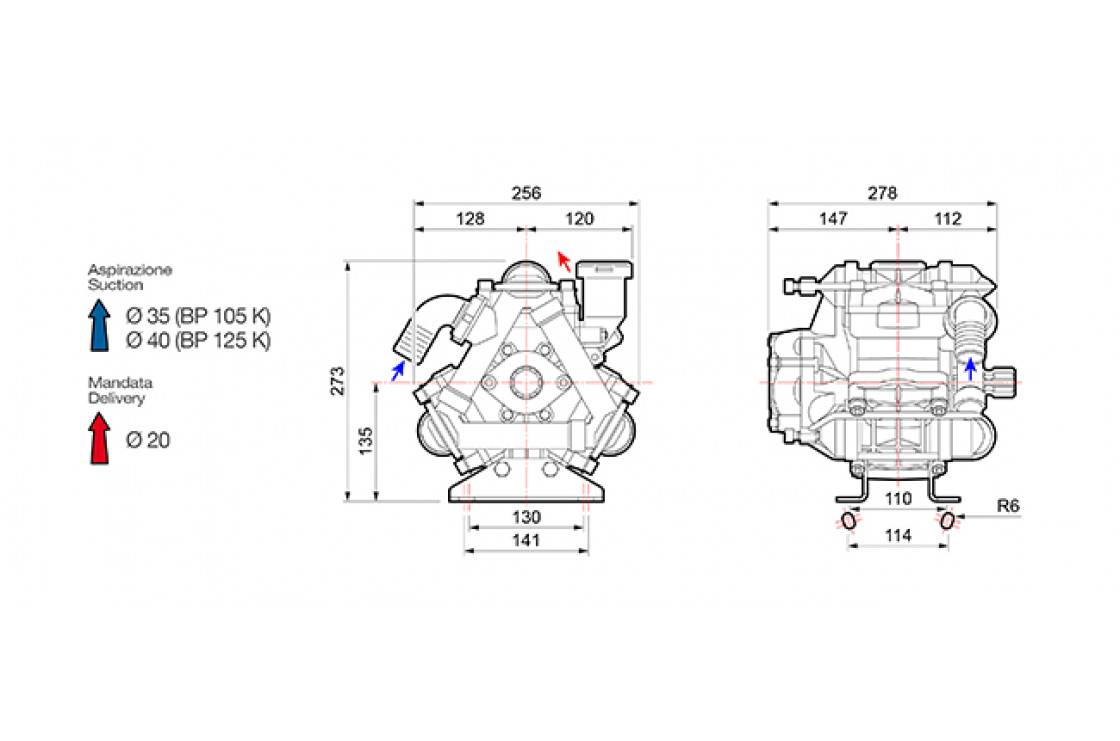 Насос мембранный Comet® серия ВP105 (104 л/мин; 20 бар); вал d20 гладкий/шпонка - ВОМ 13/8