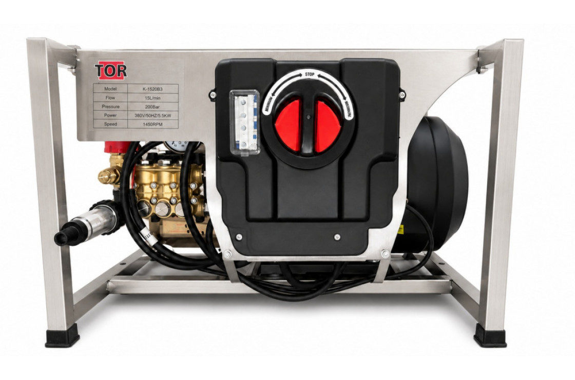 Стационарный АВД TOR K-1520B3 (200 бар, 15 л/мин, 5,5 кВт, 380 В, Total Stop, с аксессуарами)
