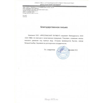Благодарственное письмо от ООО "ЯРОСЛАВСКИЙ ПИГМЕНТ"