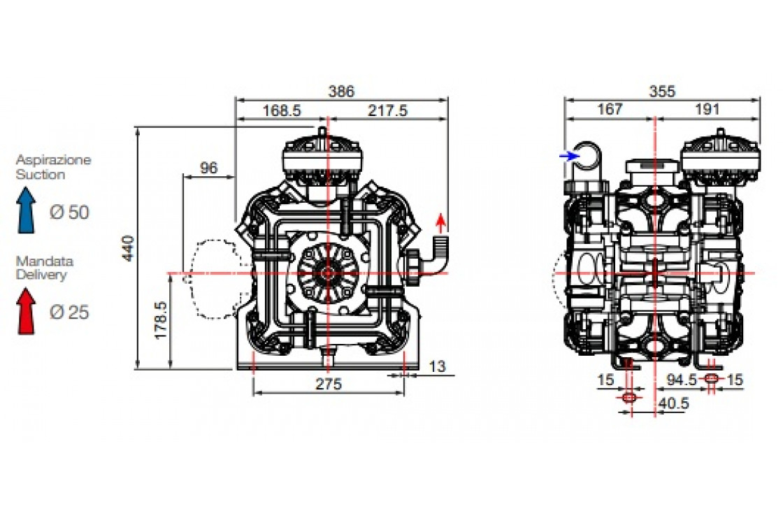 Насос мембранный Comet® серия ВPS200 D (199 л/мин; 20 бар); ВОМ 13/8 - вал d25 внутрен./шпонка