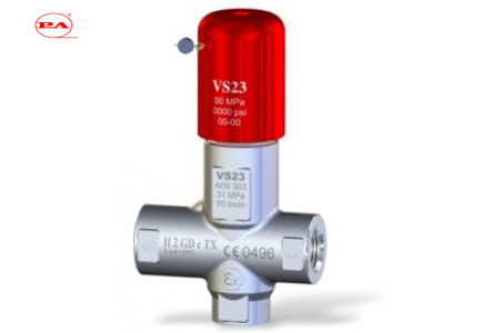 Клапан предохранительный VS 23-280-200° - PED вход 1/2 г. 70 л/мин 280 бар нерж.сталь Aisi 303