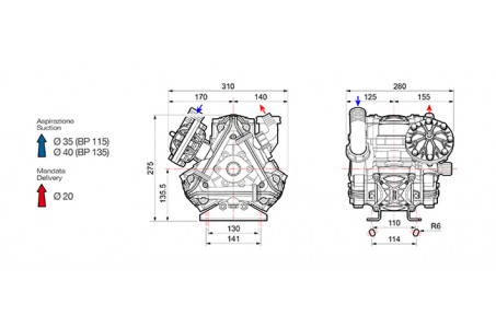 Насос мембранный Comet® серия ВP135 (124 л/мин; 20 бар); вал d20 гладкий/шпонка - ВОМ 13/8