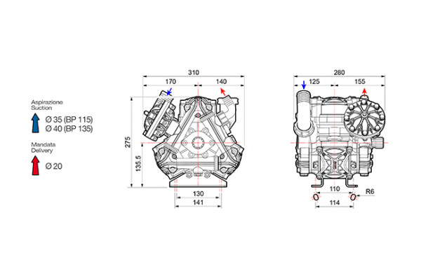 Насос мембранный Comet® серия ВP135 (124 л/мин; 20 бар); вал d20 гладкий/шпонка - ВОМ 13/8