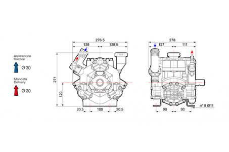 Насос мембранный Comet® серия ВP75 (67 л/мин; 20 бар); вал d20 гладкий/шпонка - ВОМ 13/8